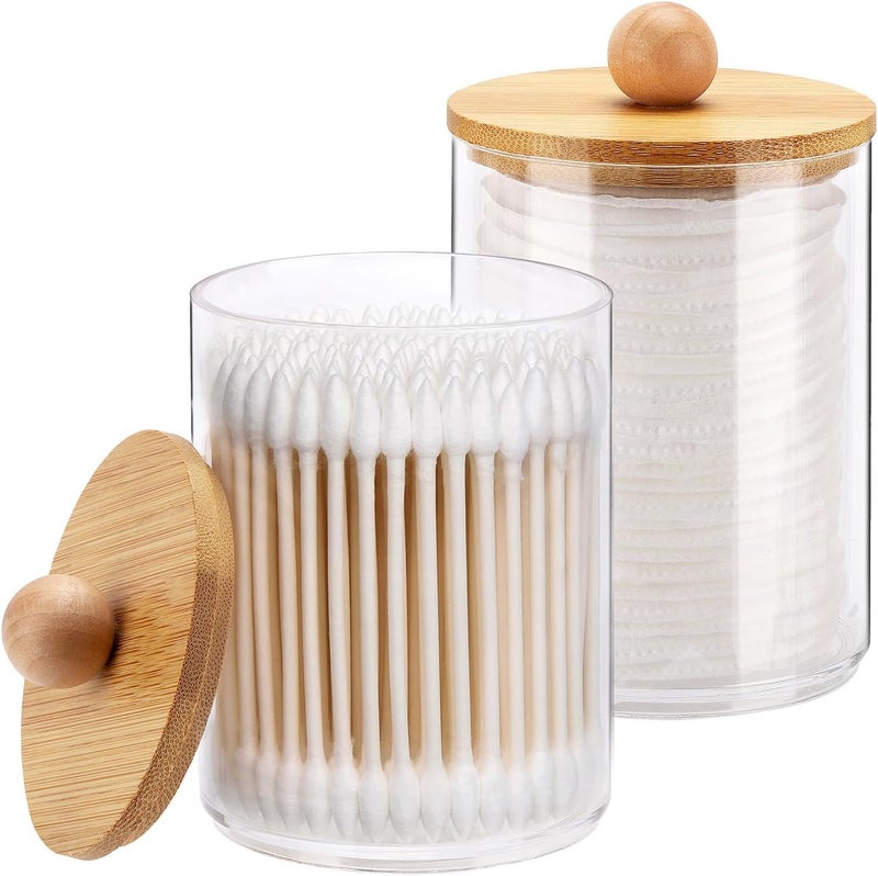 Tbestmax 10-Ounce Qtip Holder Bathroom Jars Canisters for Cotton Ball Swab Pad Storage Dispenzer, Bamboo Lid (2 Pack) - Image 1